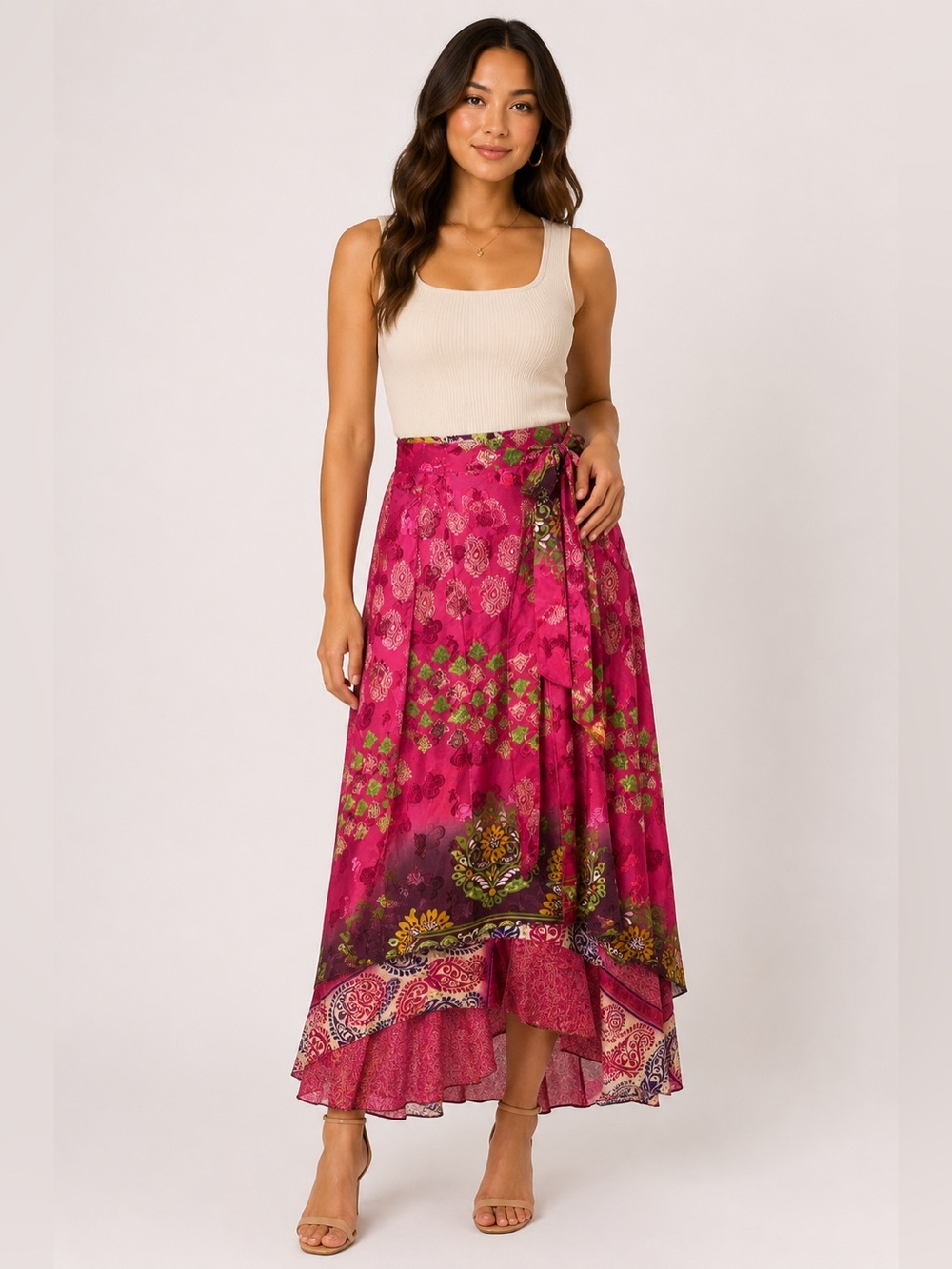 RHEA PRINTED WRAP SKIRT IN MULTI PINK AND GREEN INDIAN PRINT Reversible